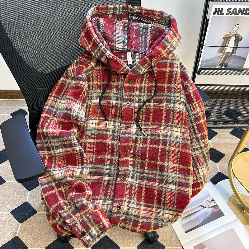 Retro plaid long-sleeved shirt men's American style hooded jacket trendy brand loose high street handsome casual top