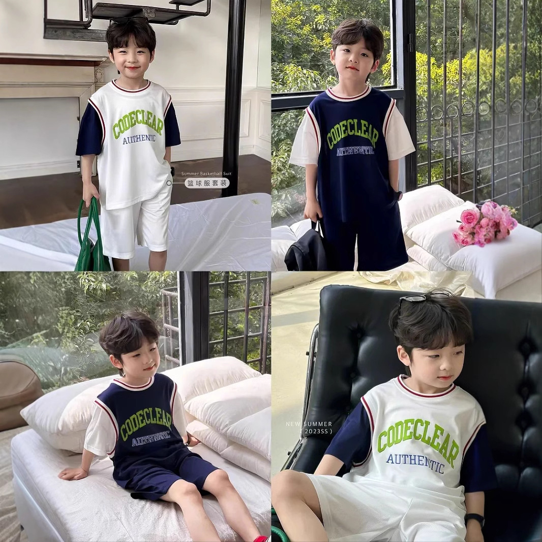 New boys sports suit summer short-sleeved basketball suit 2025 baby thin quick-drying fake two-piece basketball uniform