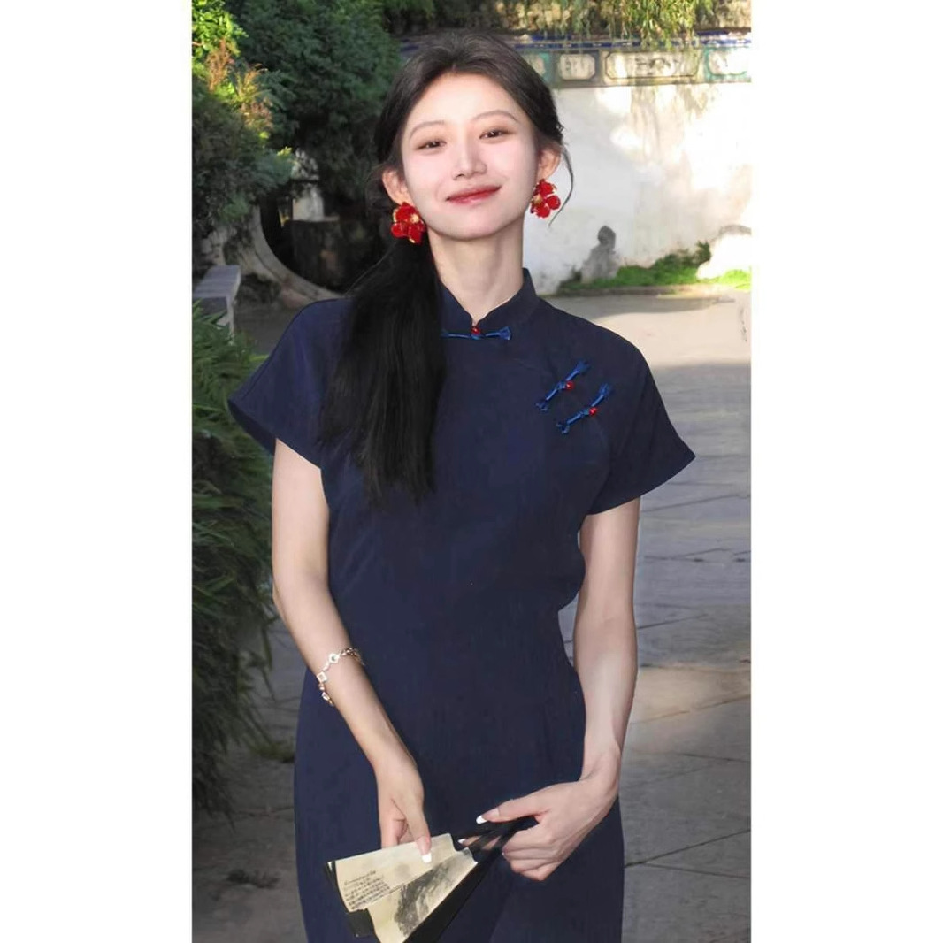 New Chinese style navy blue buckle dress 2025 new retro Zen style cool feeling cheongsam can be worn daily