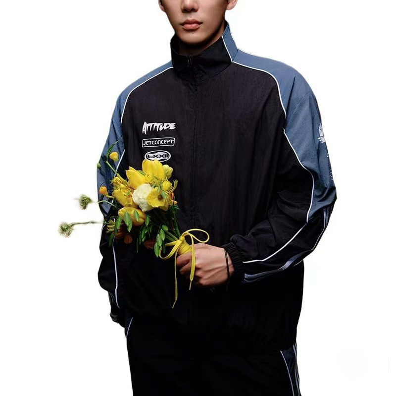 New foreign trade wholesale men's spring and autumn coat stand collar windbreaker loose woven windproof sports casual jacket embroidered