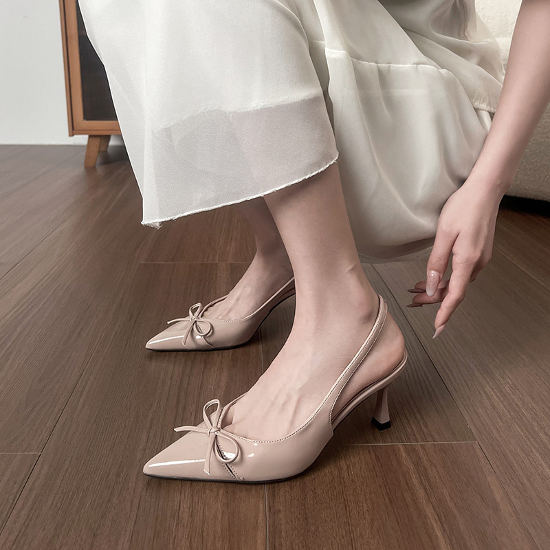 Cowhide version of nude pointed-toe bow shallow high-heeled shoes for women 2026 summer new one-strap sandals