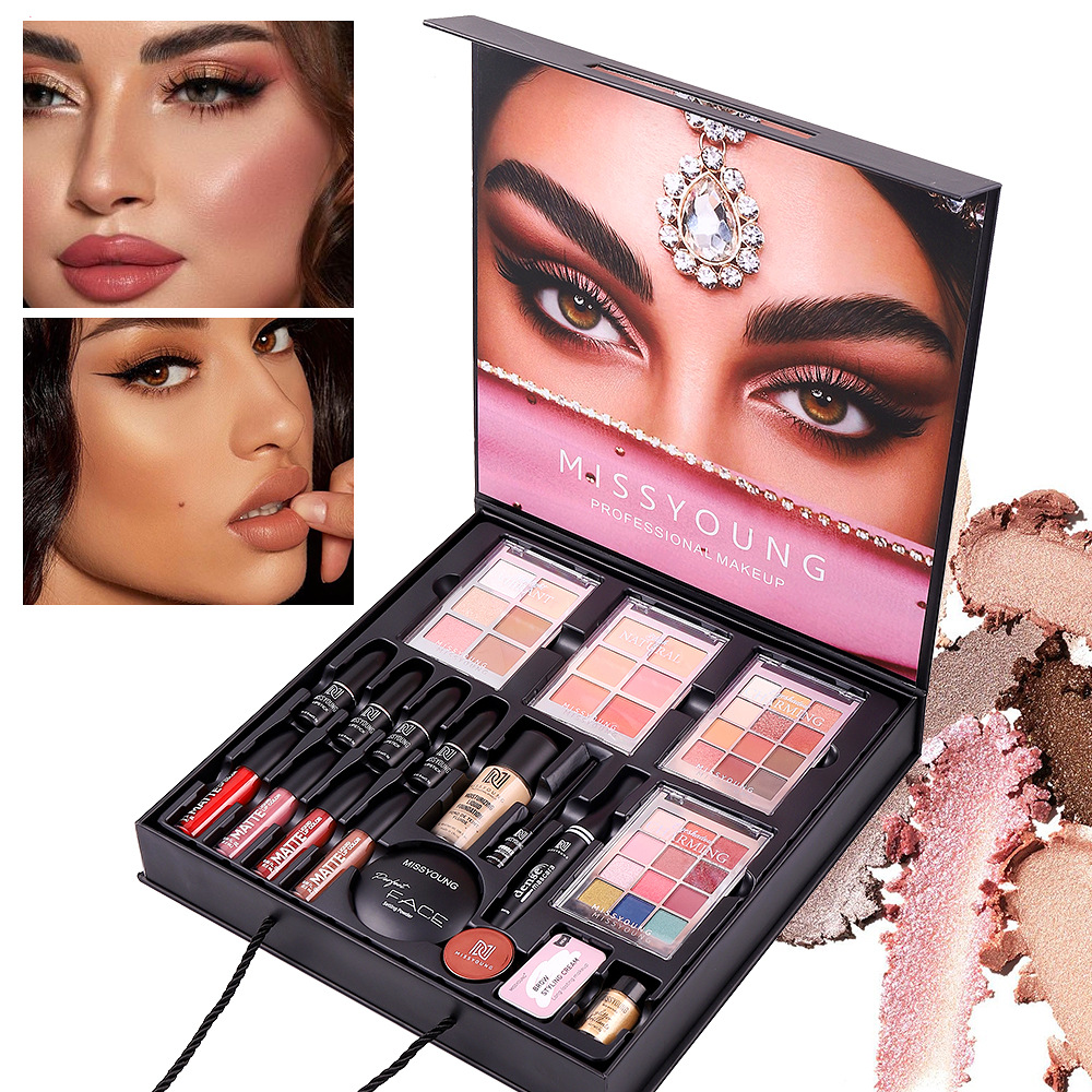 Popular cosmetics set, pearlescent fine eye shadow, natural powder, long-lasting liquid foundation, lipstick and lip gloss combination set