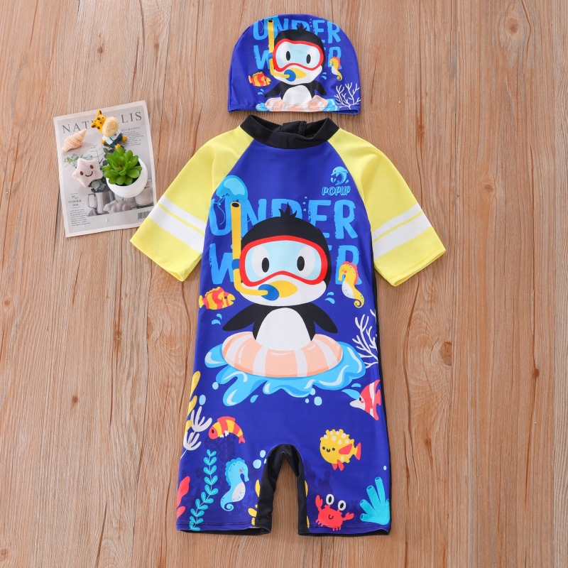 New children's swimsuit boy one-piece medium and large children's swimsuit male baby cartoon little penguin swimsuit sun protection UPF50+