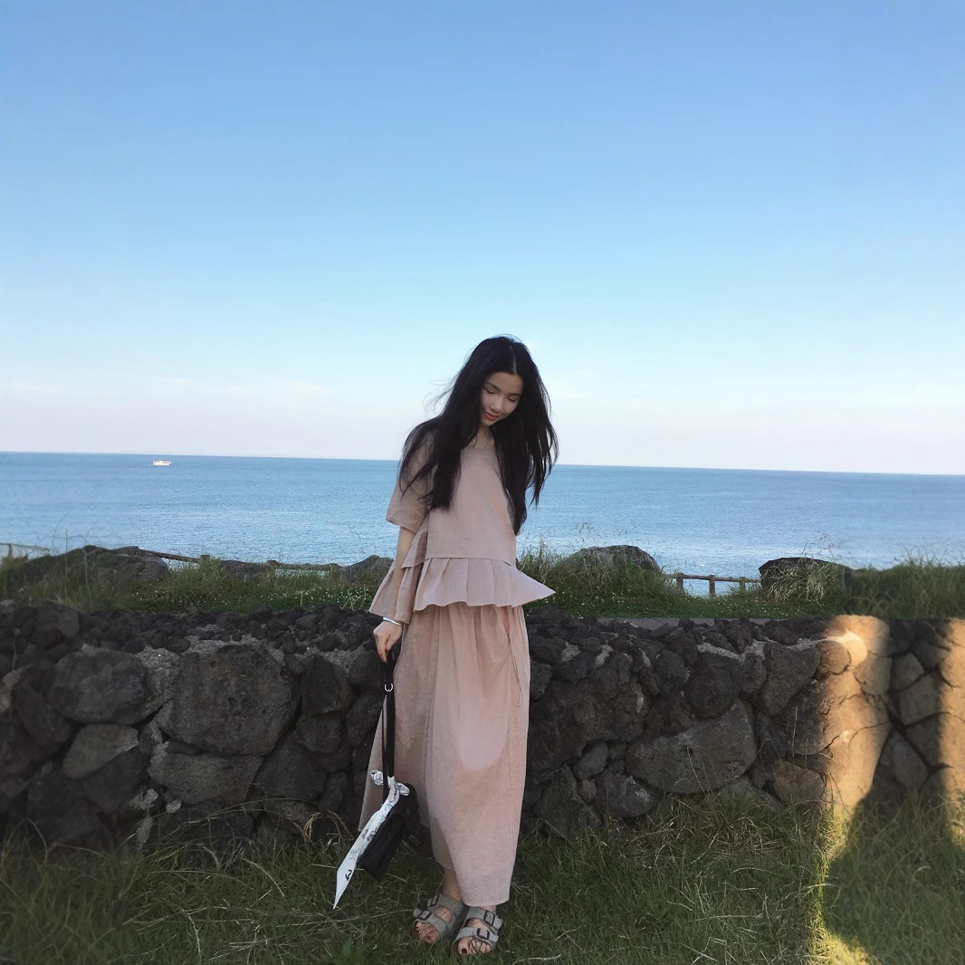 Summer two-piece pink ramie suit, gentle cotton and linen, lazy style, loose round neck, new top, women's skirt