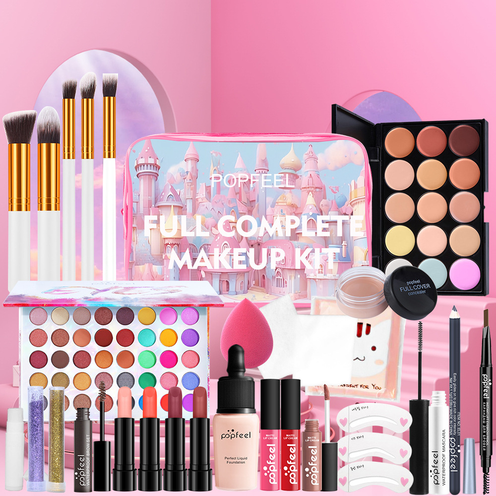 Cross-border products POPFEEL cosmetics set eye shadow, lipstick and foundation complete set for beginners European and American makeup