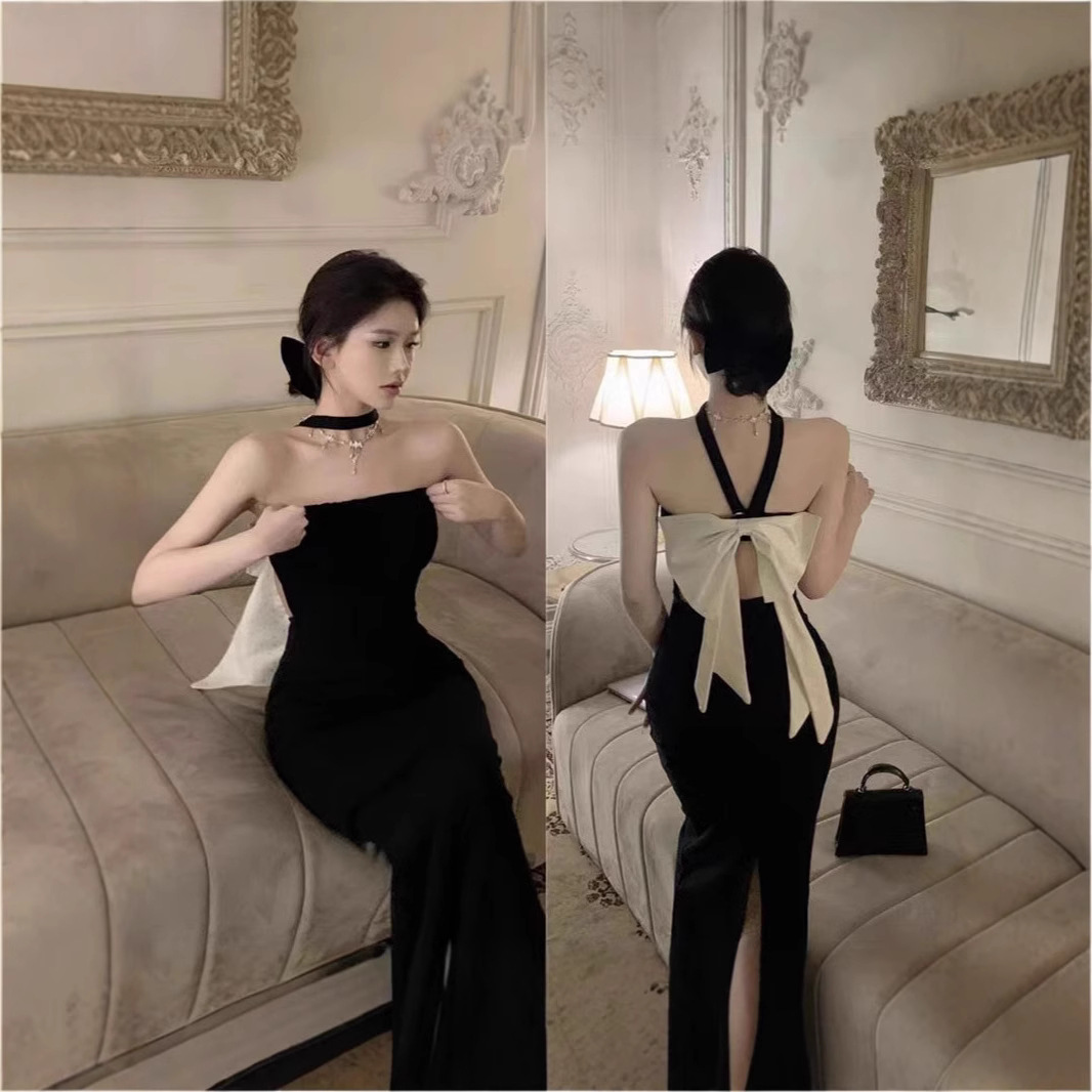 Birthday party dress, sexy dress, halter neck, backless bow, tube top dress, black waist-hugging hip skirt