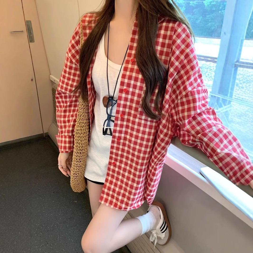 Korean summer new style plaid casual sun protection shirt jacket women's lazy and versatile loose cardigan mid-length shirt