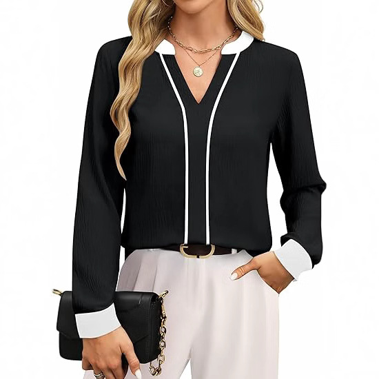 European and American Amazon Fashion Casual V Neck Color Block Business Casual Shirt Long Sleeve Work Shirt Fashion Clothing