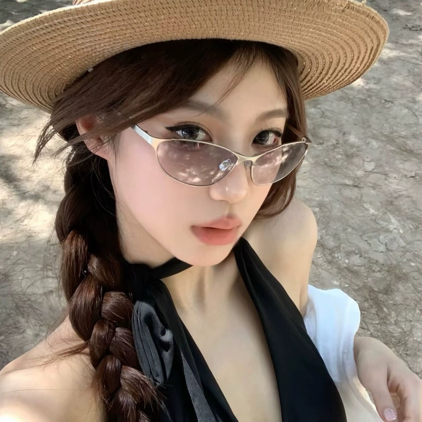 High-looking retro metal cat-eye sunglasses for women outdoor punk no-makeup artifact glasses frame Korean style men's sunglasses