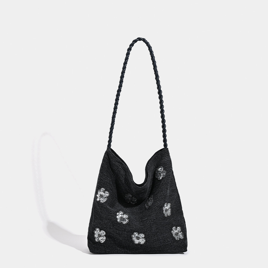 2026 New Tote Bag Denim Bag Black Simple Sequin Decoration Braided Shoulder Bag Fashion Women’s Bag Tote Bag