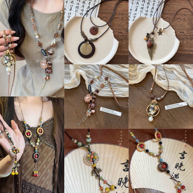 Bohemian style retro ceramic necklace women's new Chinese style exotic ethnic style high-end long sweater chain accessories