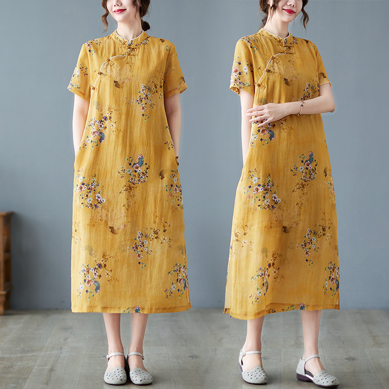 2025 spring and summer new style retro printed cheongsam, high-end cotton and linen buttoned short-sleeved Chinese dress