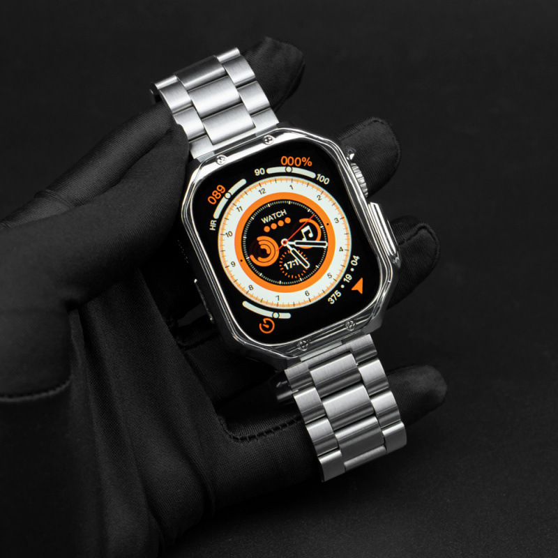 Suitable for Apple Watch Ultra 8 7 tpu case + stainless steel folding buckle three-bead strap