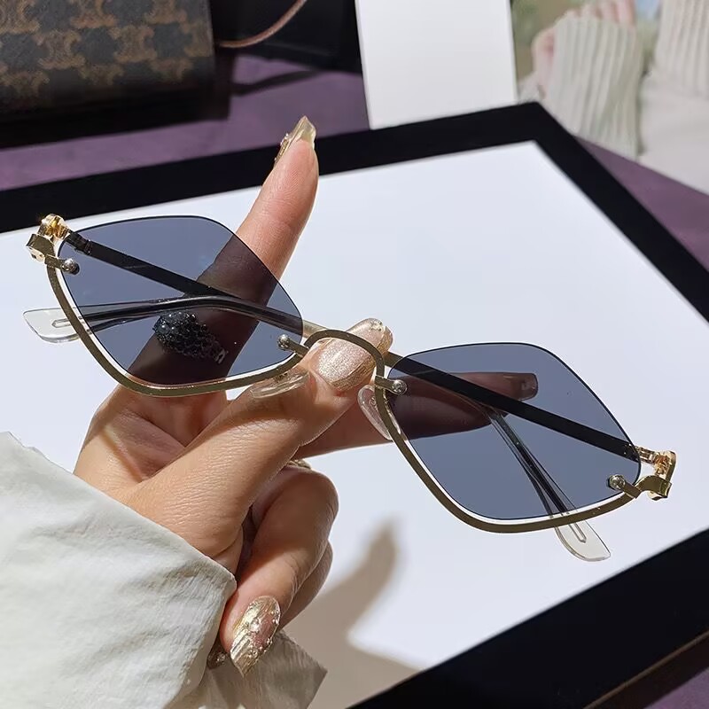 New half-frame rhombus sunglasses metal women's sunglasses European and American fashion cross-border small frame high-end sunglasses