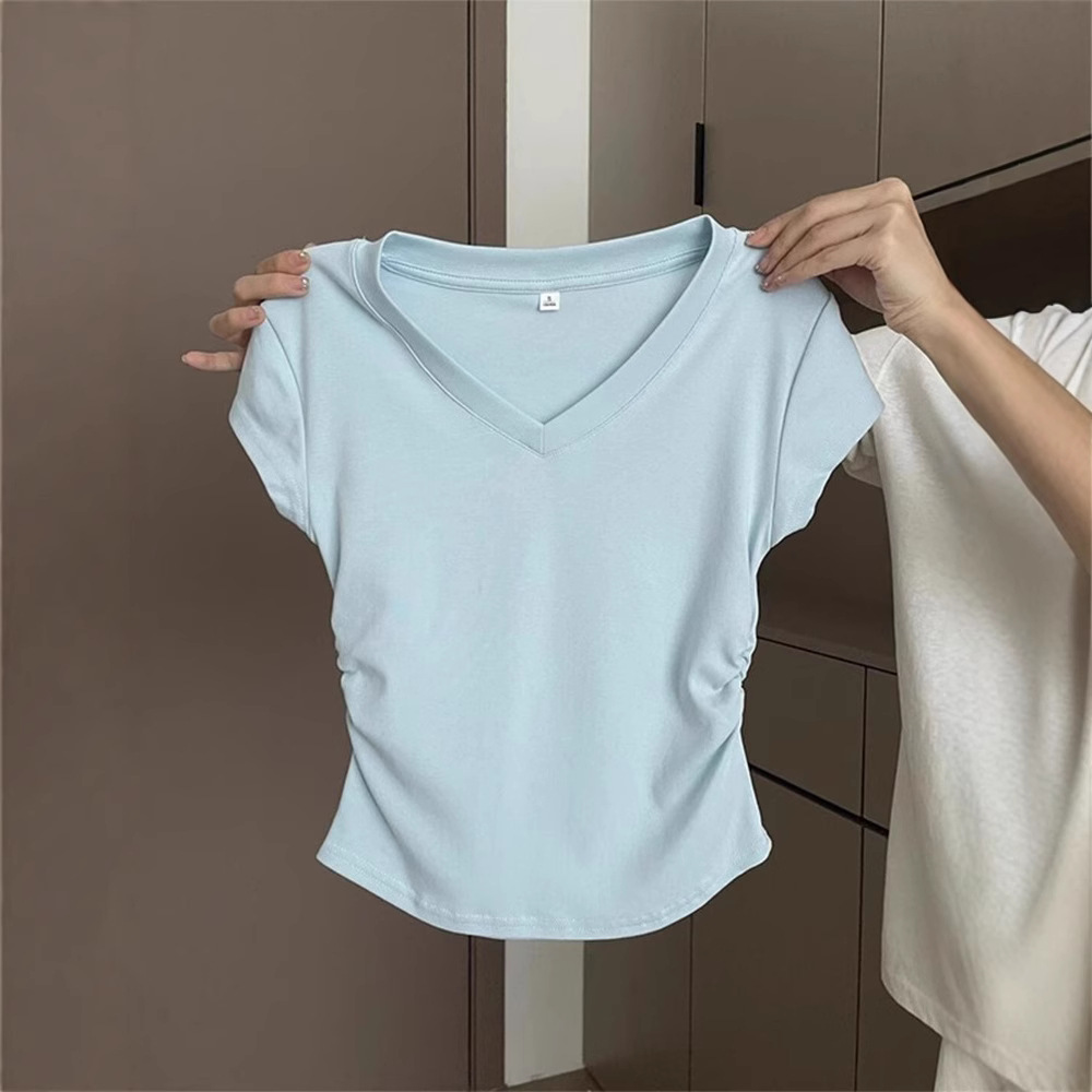 92 Cotton Blue Right Shoulder Short Sleeve T-Shirt Women's Summer Slim Fit Western Style Pleated Waist Short T-shirt Top