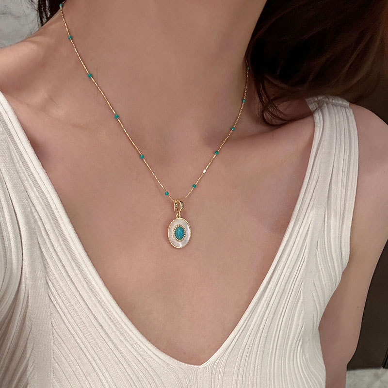 Design turquoise pearl stacked necklace for women retro light luxury elegant fashion temperament versatile neck chain clavicle chain