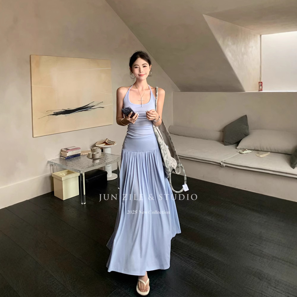 Suit skirt women's spring vacation style lazy long skirt skirt pure desire hollow camisole sleeveless top