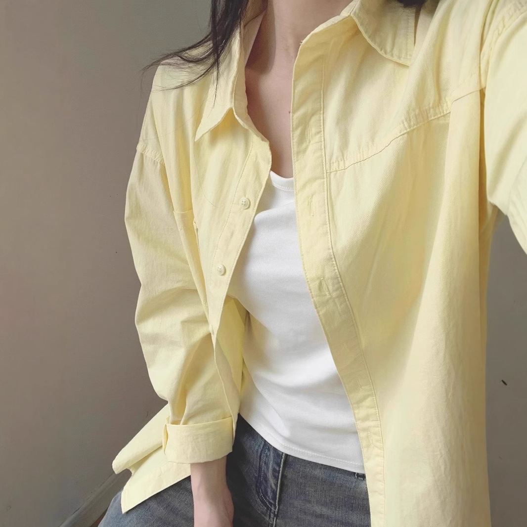 2025 New Dopamine Milk Yellow Pure Cotton Shirt Women's Summer Layer Loose Shirt Jacket Wear Outer Sun Protection