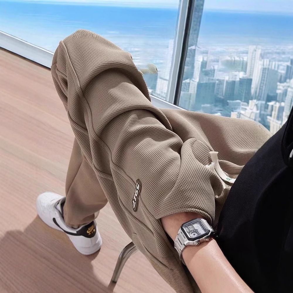 Spring and summer Korean style waffle pants for men 2025 new loose leggings trendy brand sports leggings casual sweatpants