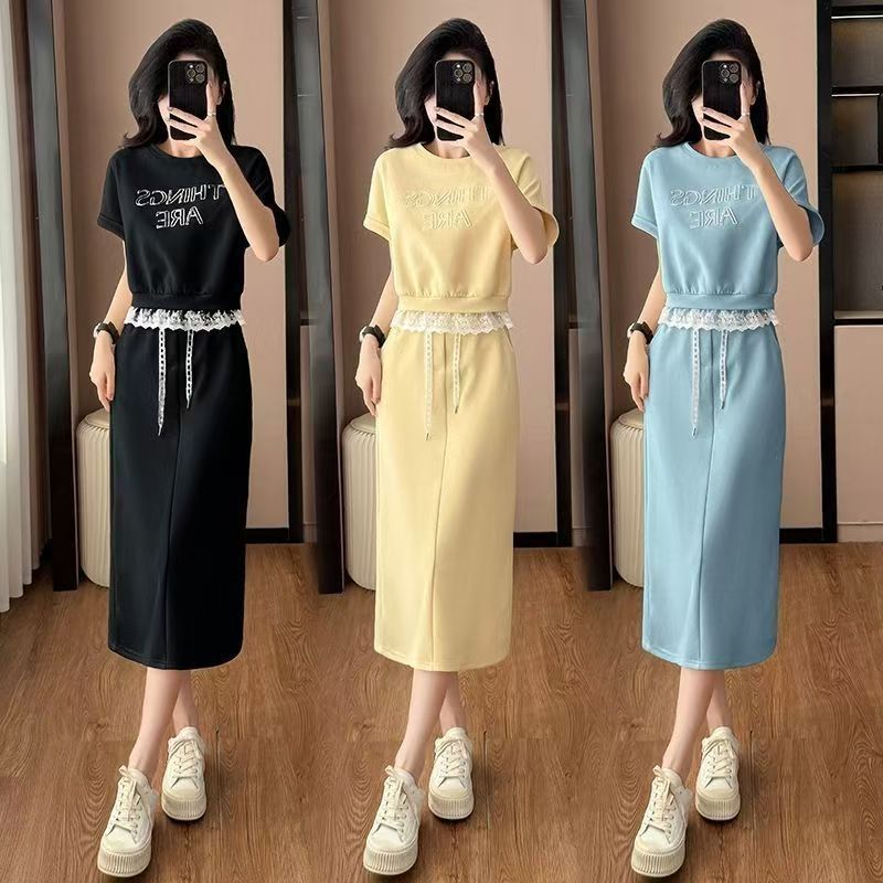 Cross-border casual sports skirt suit for women 2025 summer new loose lace splicing sweatshirt skirt two-piece set