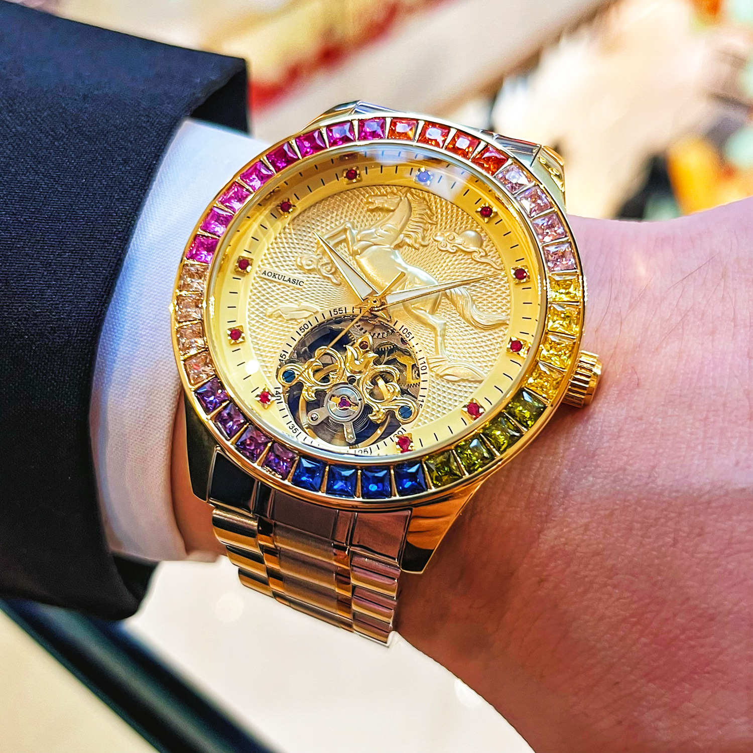 Colorful diamond galloping gold horse high-end large flywheel fully automatic mechanical men's watch gorgeous luxury business casual watch