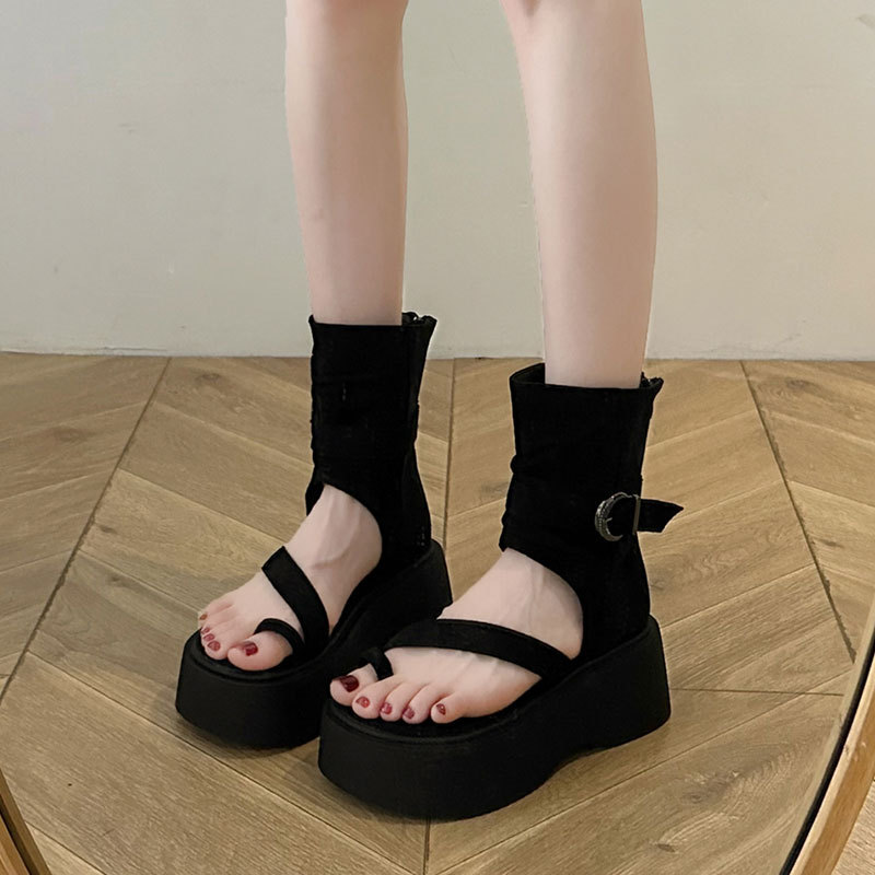 Retro thick-soled Roman sandals for women 2026 summer new fashion set-toe high-top sandals increased rear zipper short boots