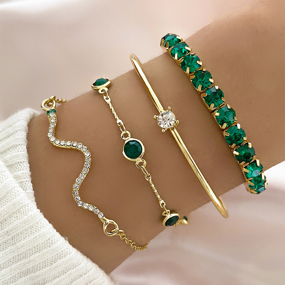 Cross-border European and American fashionable emerald diamond elastic bracelet for women 4-piece set high-end inspired snake bracelet metal bracelet