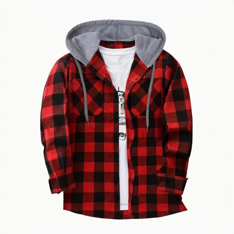 Cross-border foreign trade fashion street hooded plaid shirt men's slim long-sleeved shirt travel casual shirt jacket