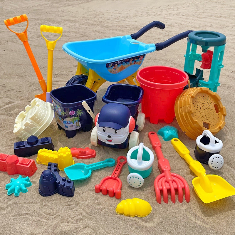 Children's beach toys baby beach play sand digging shovel bucket hourglass digging tool set sand pool cart