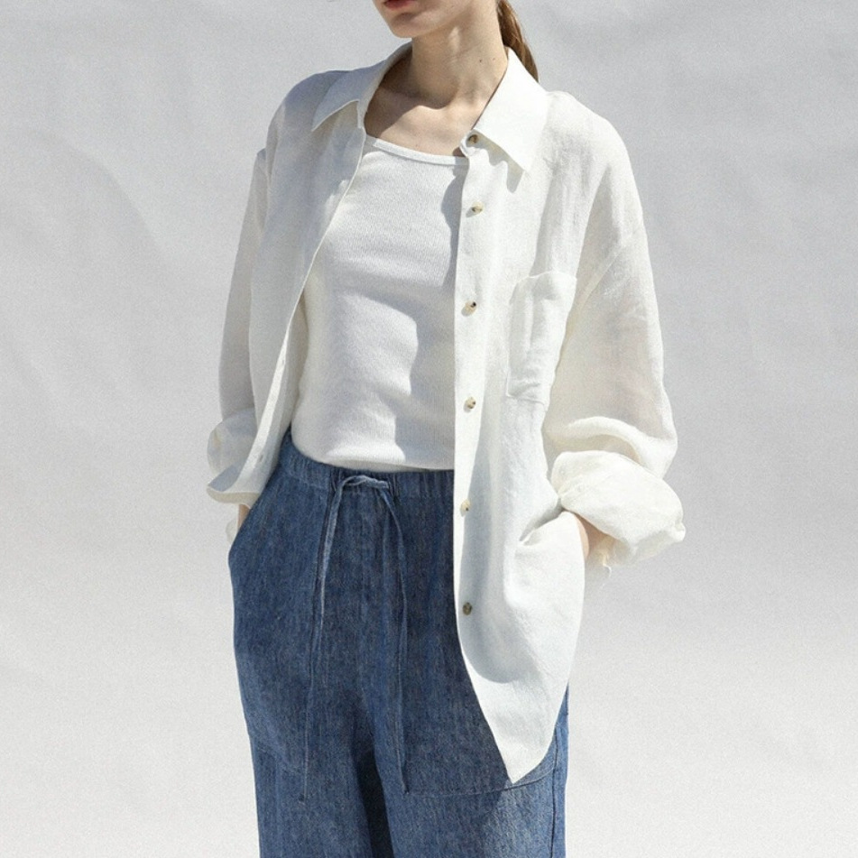 Baoji spring old money style pure linen shirt women's loose shirt jacket fashionable commuting casual linen top