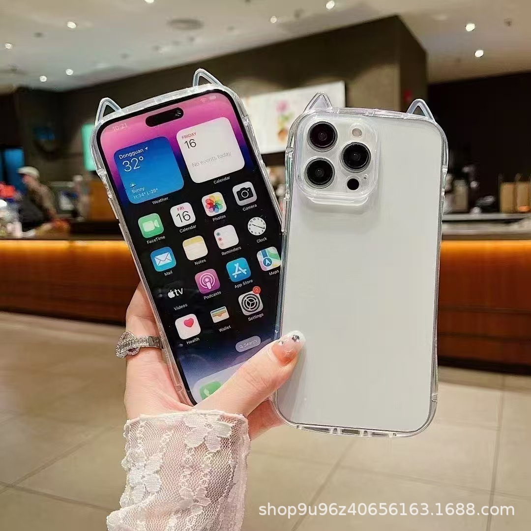 Cat ears Apple 16promax mobile phone case 1615pro transparent 16pro soft shell 14 simple anti-fall airbag