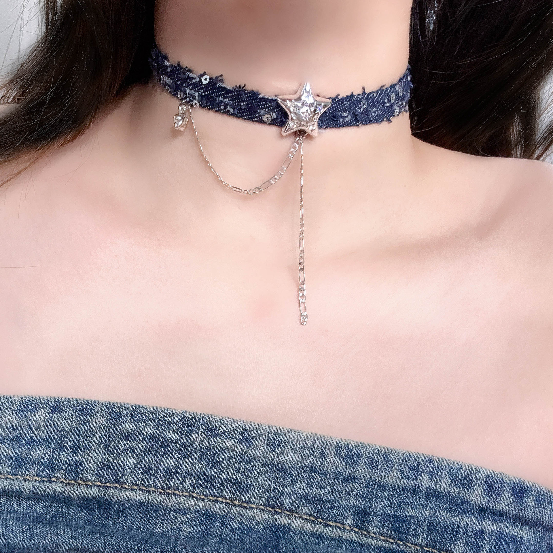 Cross-border new jewelry denim choker choker necklace star tassel pendant clavicle chain love necklace for women