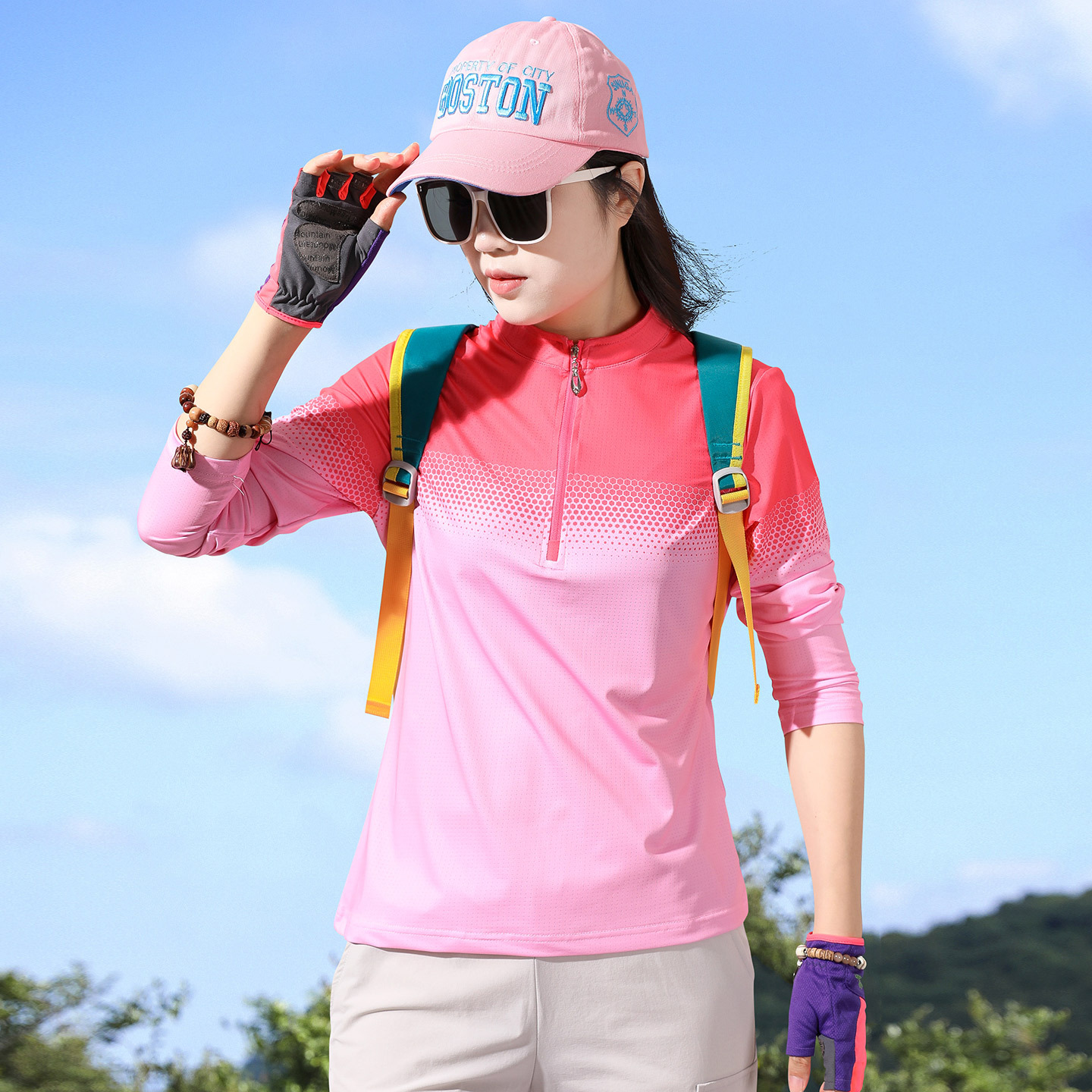 Outdoor sun protection ice-sport sports quick-drying clothing women's long-sleeved T-shirt women's light and breathable running and hiking quick-drying clothing summer