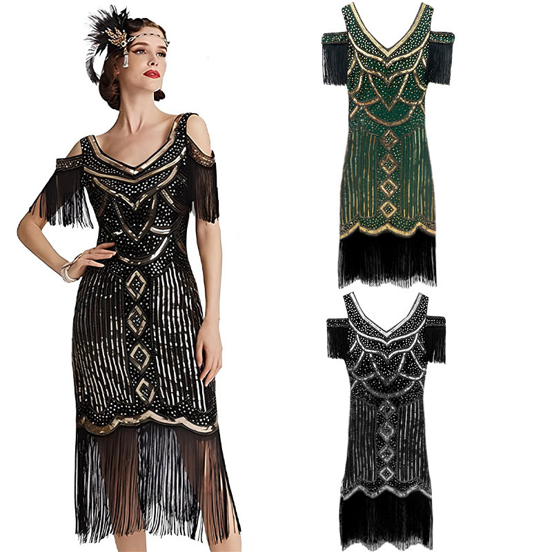 2023 New European and American Retro Gatsby Evening Dress 1920 Theme Party Sequin Tassel Dress Amazon