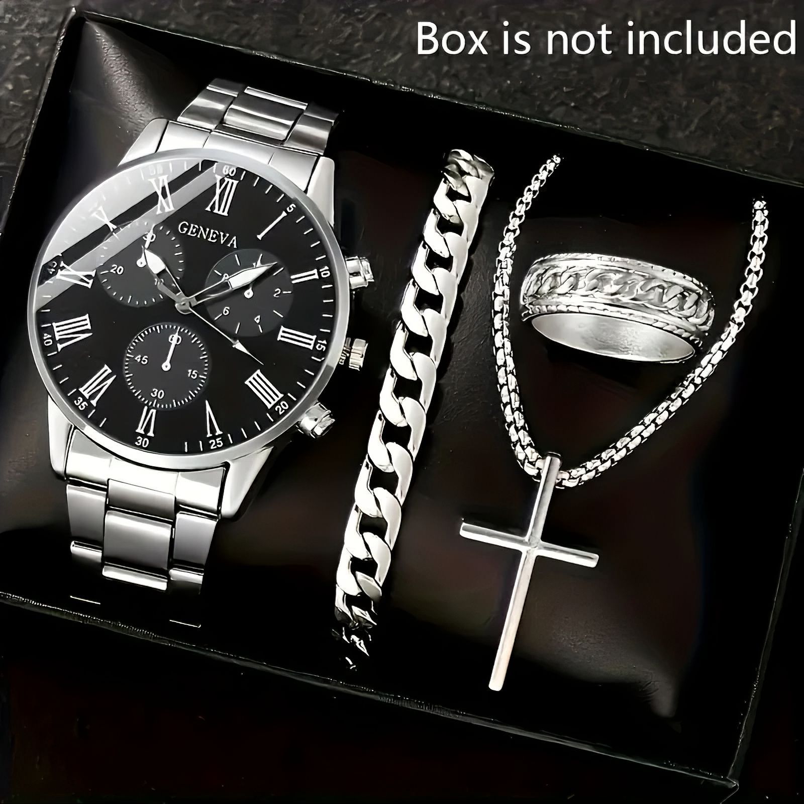 Cross-border popular watch set fake three-eye watch men's steel band glass quartz watch business high-end men's watch