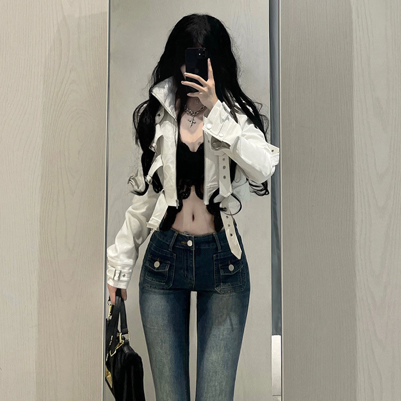 American High Street Retro Cool Hot Girl Short Leather Jacket Female Niche Motorcycle Style Handsome Jacket Top