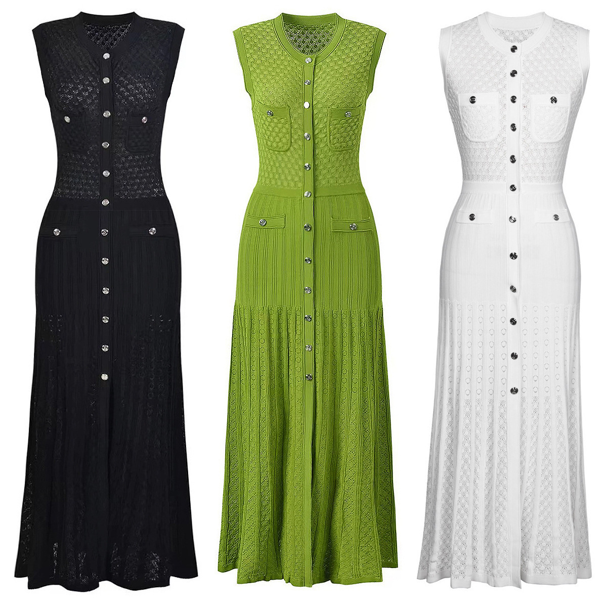 2026 summer cross-border French new style single-breasted fashionable elegant slimming celebrity sleeveless knitted dress women's long skirt