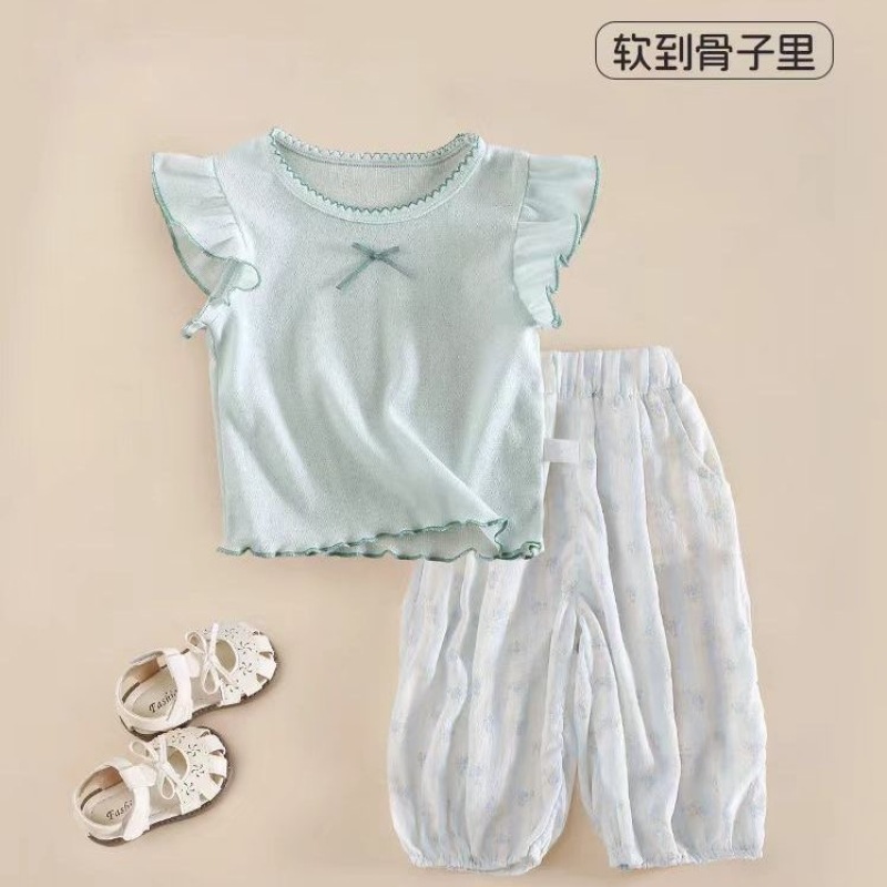 Girls summer suit 2025 new baby short-sleeved T-shirt tops baby summer lightweight anti-mosquito pants loose pants