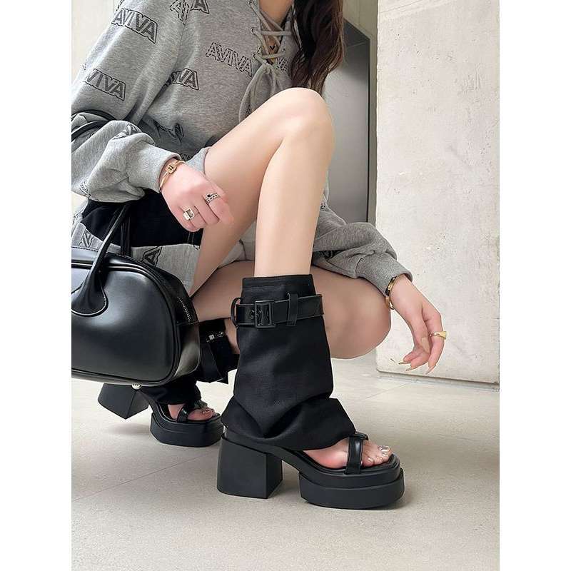Two-wear high boots summer outer wear open toe thick heel high heel sandals for women 2025 new niche trouser boots thick sole sandals