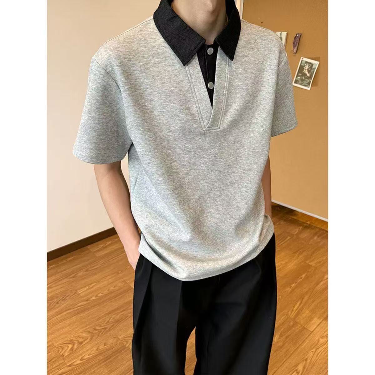 Fake two-piece polo collar short-sleeved men's high-end handsome lapel shirt T-shirt summer cleanfit right shoulder half sleeve