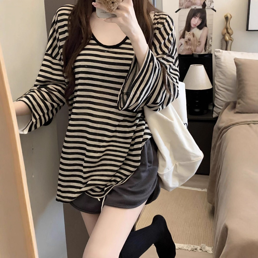 Lazy Style Striped Round Neck Sun Protection Long Sleeve T-Shirt Women's Summer Thin Oversize Loose Slim Blouse Top