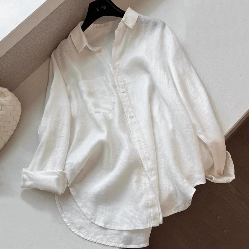 White linen old money style shirt for women spring and summer new style loose slimming high-end cotton and linen shirt long-sleeved top
