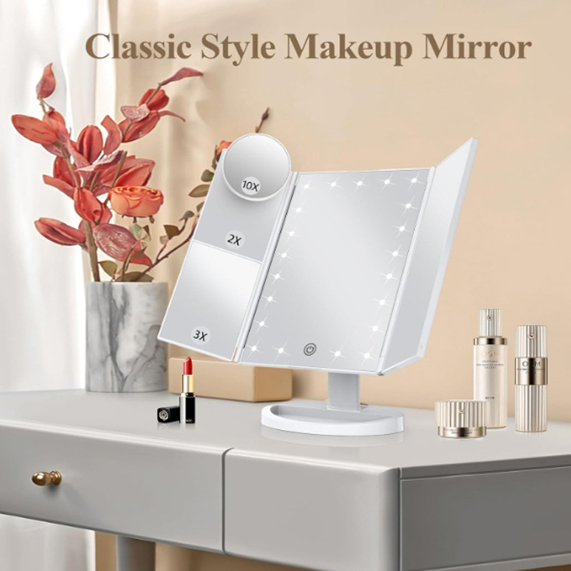 Cross-border Amazon spot three-sided mirror with 22 lights Led foldable dormitory dresser storage box makeup mirror