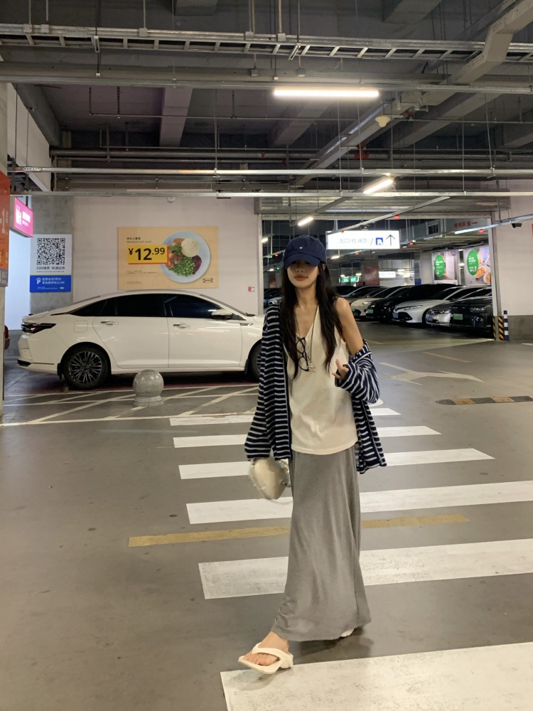 French lazy suit contrast striped long-sleeved cardigan jacket for women summer high-waisted gray half-length skirt two-piece set