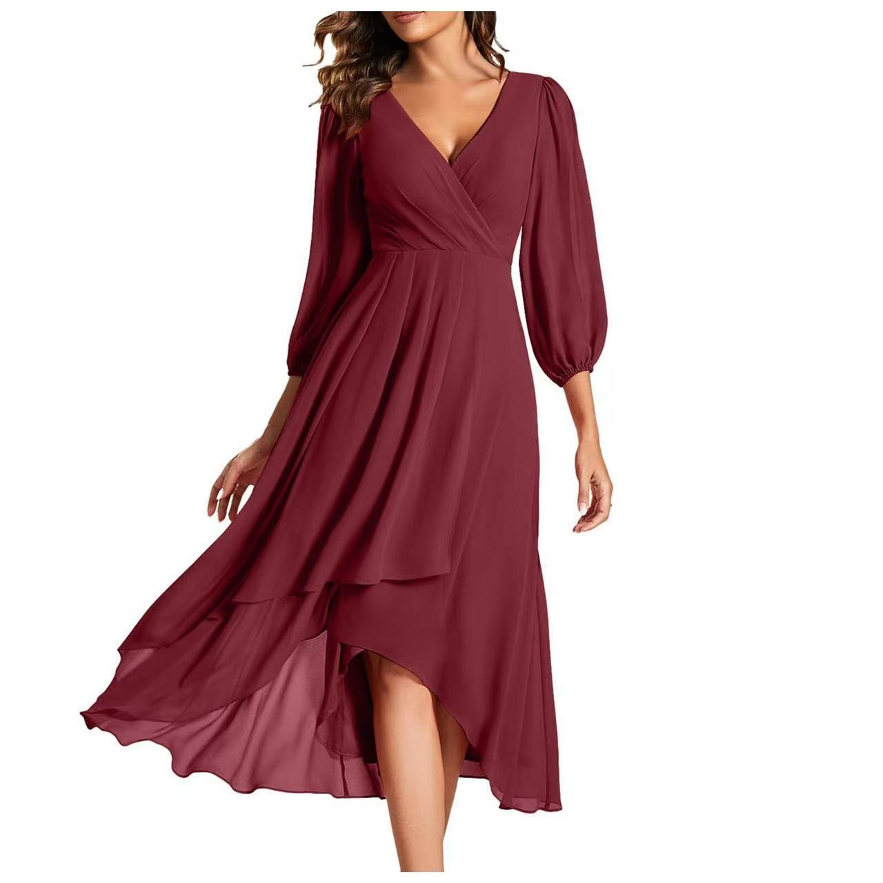 2025 Amazon cross-border women's v-neck solid color nine-quarter sleeve dress waist slim bridesmaid elegant dress