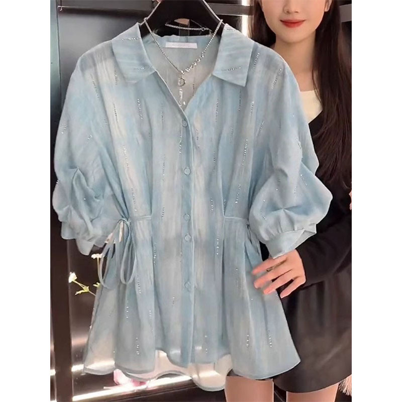 French V-neck tie-dye waisted five-quarter sleeve shirt for women summer new style fashionable temperament slim and chic shirt