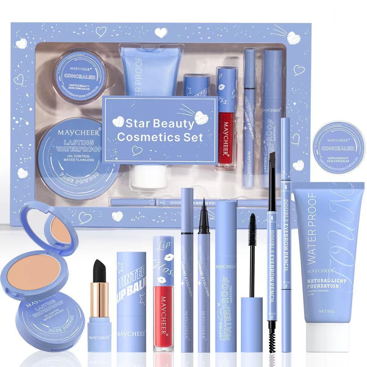 Cross-border hot-selling MAYCHEER heart-to-heart beauty set lipstick, lip glaze, eyeliner, eyebrow pencil, foundation and powder cake set