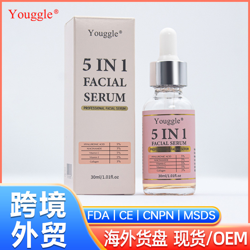 Cross-border 5-in-1 facial serum hyaluronic acid liquid moisturizing anti-wrinkle pore shrinking skin care facial serum