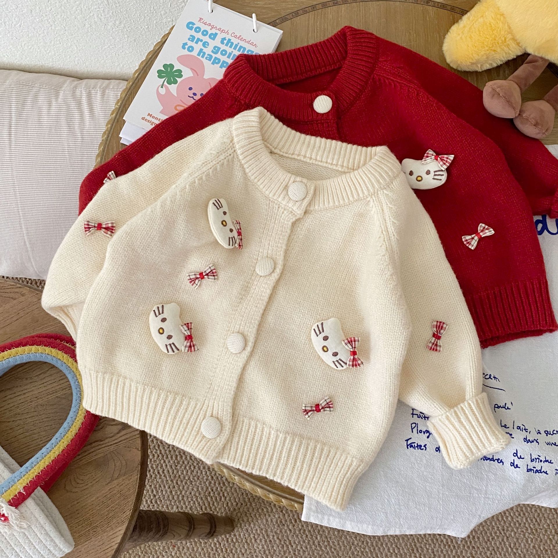 2025 Baby Girls Children's Clothing Cute Knitted Sweater Cartoon Cat Fashionable Single Breasted Autumn and Winter Cardigan Jacket