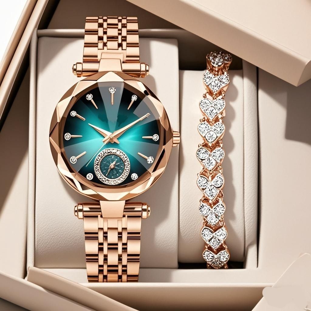 Cross-border hot-selling steel band watch features spire glass gradient diamond face ladies business accessories set quartz watch